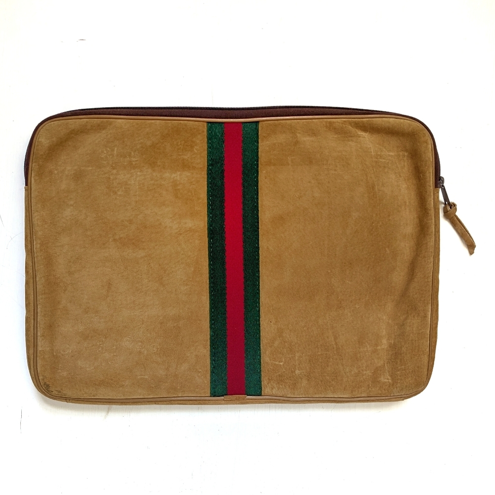 Tan Suede Laptop Document Bag Case with Stripe Detail